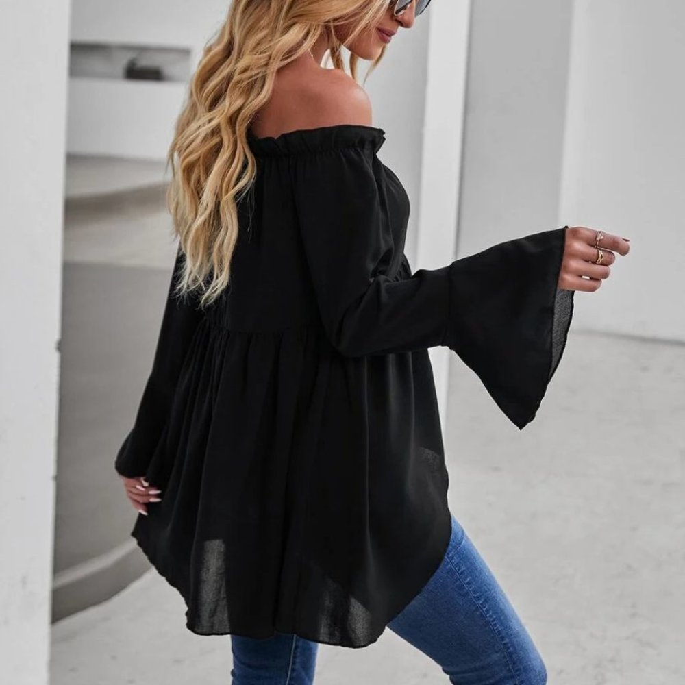 Black Off-shoulder High Low Blouse - Picture 2 of 7